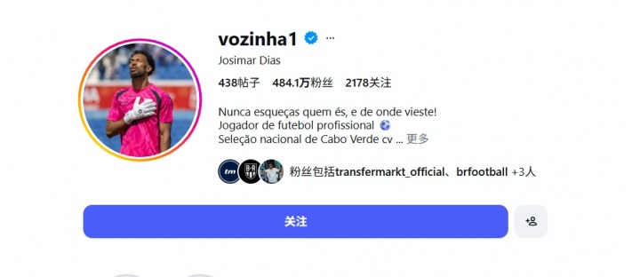 影响力！佛得角门将粉丝数已破480万，远超NBA总决赛FMVP布伦森