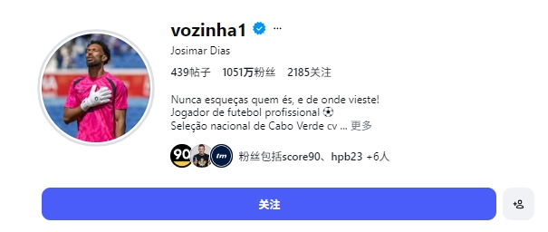 出名后...佛得角门将社媒粉丝已破千万，关注列表多出千余名女性